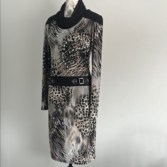 🇨🇦 Frank Lyman Animal Black Gray Leopard print Cowl Midi Dress Size Small - Picture 5 of 7